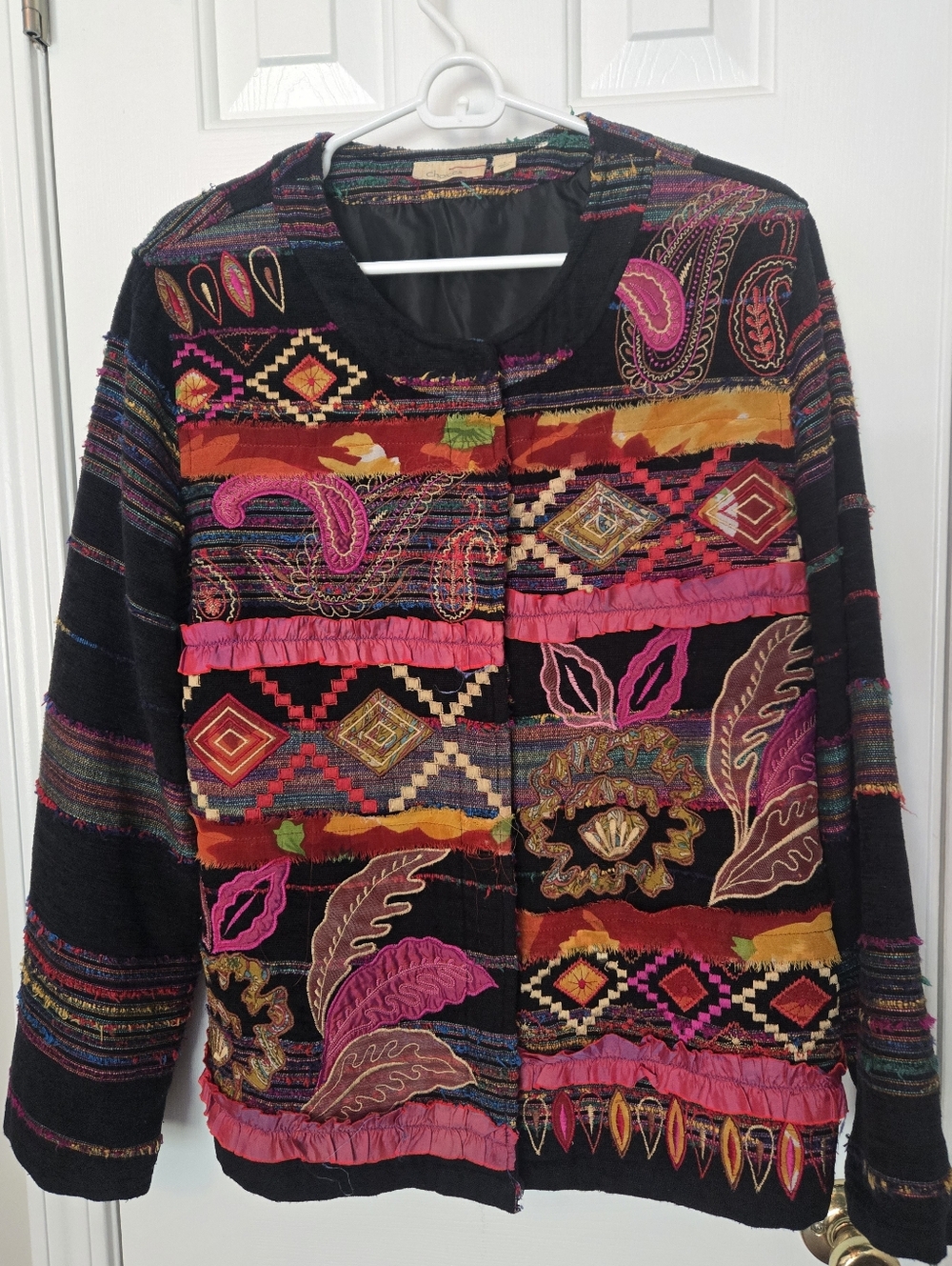 Choices Vintage Jacket Pink Long Sleeve Embroidered Patch Work Colorful Size L